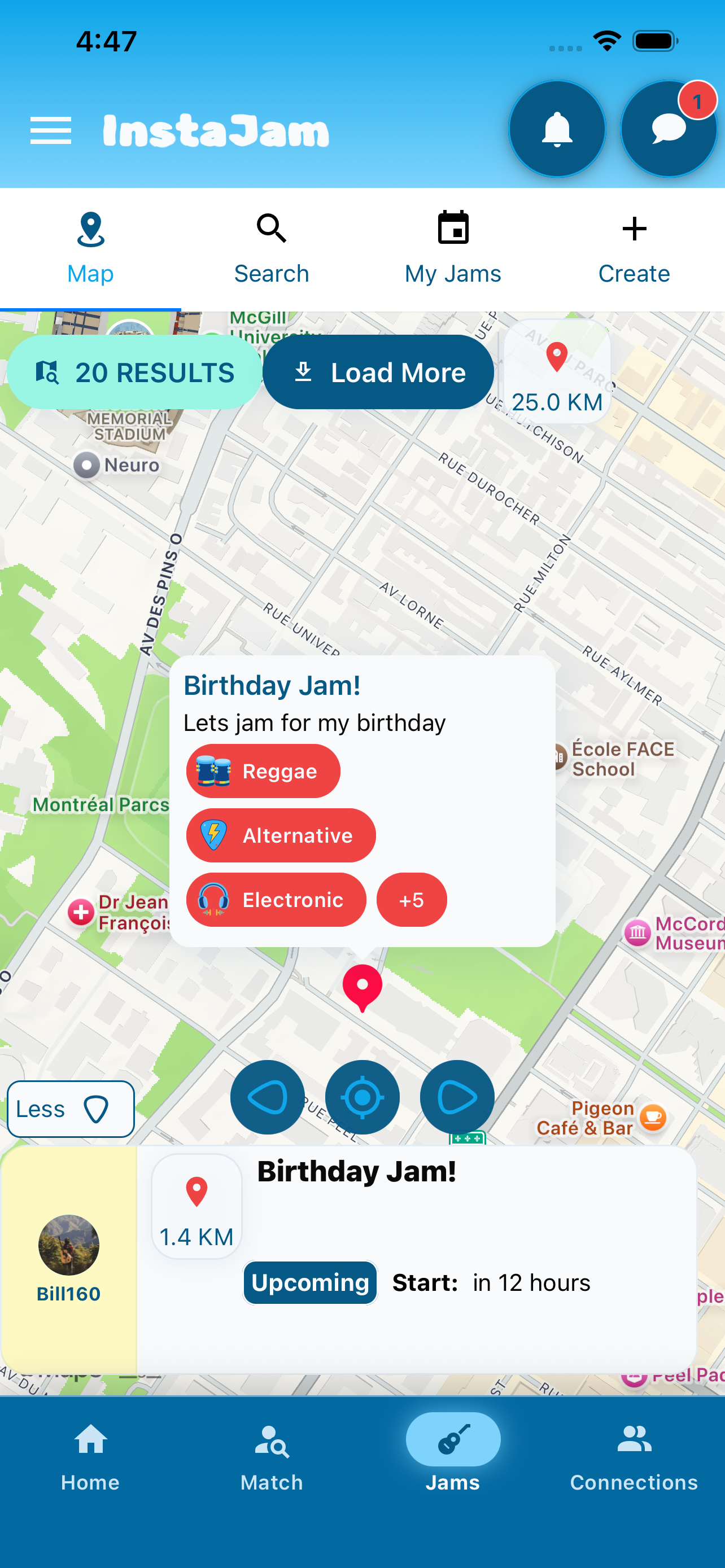 InstaJam interactive jam map showing local musicians and nearby sessions